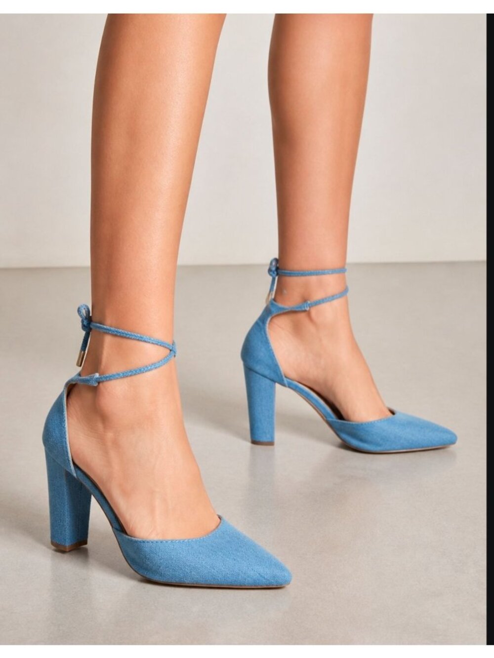 Blue Denim Ankle Strap Block Heels For Women Closed Pointed Toe Comfortable High